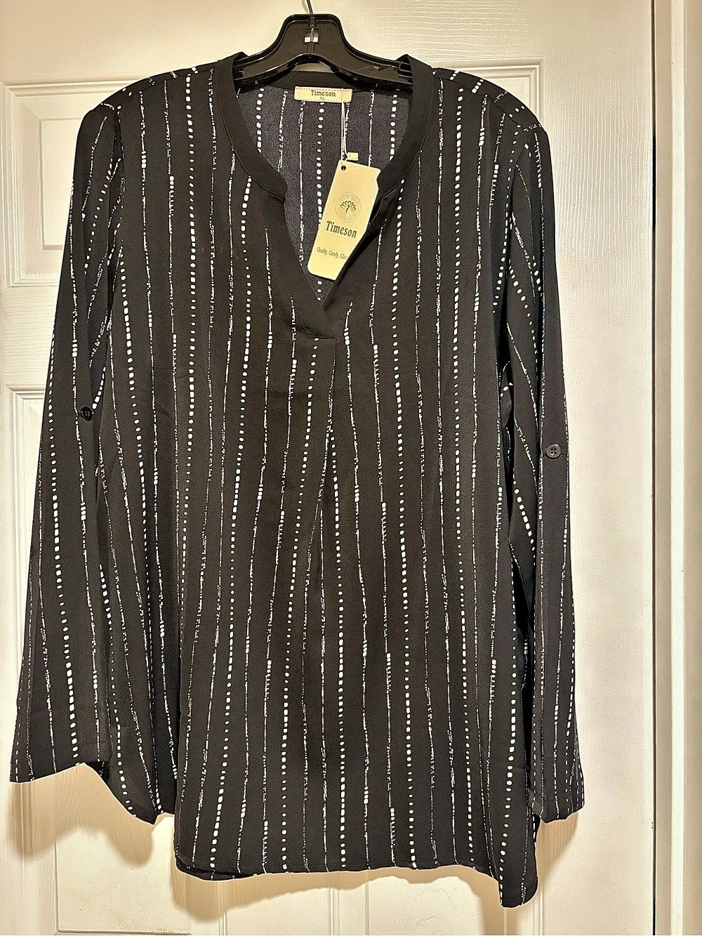 TimeSon V-Neck Roll Tab Long Sleeve Blouse Striped Tunic Black & White XL